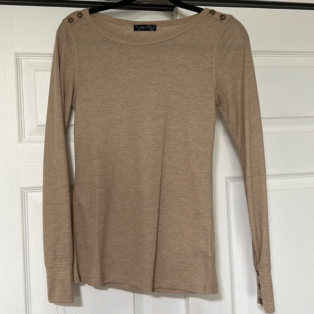 Long sleeve tan level up shirt with shoulder and sleeve buttons